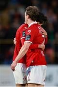 5 July 2025; Jad Hakiki of Sligo Rovers, back, hugs teammate William Fitzgerald after the drawn SSE Airtricity Men's Premier Division match between Sligo Rovers and Shamrock Rovers at The Showgrounds in Sligo. Photo by Thomas Flinkow/Sportsfile