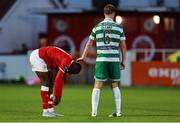 5 July 2025; Francely Lomboto of Sligo Rovers and Dan Cleary of Shamrock Rovers after the drawn SSE Airtricity Men's Premier Division match between Sligo Rovers and Shamrock Rovers at The Showgrounds in Sligo. Photo by Thomas Flinkow/Sportsfile