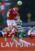 5 July 2025; Seb Quirk of Sligo Rovers in action against Max Kovalevskis of Shamrock Rovers during the SSE Airtricity Men's Premier Division match between Sligo Rovers and Shamrock Rovers at The Showgrounds in Sligo. Photo by Thomas Flinkow/Sportsfile