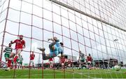 5 July 2025; Sligo Rovers goalkeeper Sam Sargeant is beaten by Dan Cleary of Shamrock Rovers, not pictured, for his side's first goal during the SSE Airtricity Men's Premier Division match between Sligo Rovers and Shamrock Rovers at The Showgrounds in Sligo. Photo by Thomas Flinkow/Sportsfile