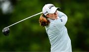 6 July 2025; Leona Maguire of Ireland watches her tee shot on the first hole during day four of the 2025 KPMG Women’s Irish Open Golf Championship at Carton House Golf Club in Maynooth, Kildare. Photo by Seb Daly/Sportsfile