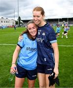 5 July 2025; Dublin players Niamh Donlon, left, and goalkeeper Katie Moran Tighe after the TG4 All-Ireland Ladies Football Senior Championship quarter-final match between Dublin and Cork at Parnell Park in Dublin. Photo by Seb Daly/Sportsfile