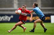 5 July 2025; Aimee Corcoran of Cork in action against Sophie McIntyre of Dublin during the TG4 All-Ireland Ladies Football Senior Championship quarter-final match between Dublin and Cork at Parnell Park in Dublin. Photo by Seb Daly/Sportsfile