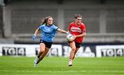 5 July 2025; Aimee Corcoran of Cork in action against Kate Sullivan of Dublin during the TG4 All-Ireland Ladies Football Senior Championship quarter-final match between Dublin and Cork at Parnell Park in Dublin. Photo by Seb Daly/Sportsfile