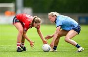 5 July 2025; Aoife Healy of Cork in action against Nicole Owens of Dublin during the TG4 All-Ireland Ladies Football Senior Championship quarter-final match between Dublin and Cork at Parnell Park in Dublin. Photo by Seb Daly/Sportsfile