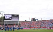 5 July 2025; The late Br. Kevin Crowley of the Capuchin Day Centre is displayed on the screen during a minutes silence before the GAA Hurling All-Ireland Senior Championship semi-final match between Cork and Dublin at Croke Park in Dublin. Photo by Ramsey Cardy/Sportsfile
