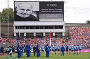 5 July 2025; The late Br. Kevin Crowley of the Capuchin Day Centre is displayed on the screen during a minutes silence before the GAA Hurling All-Ireland Senior Championship semi-final match between Cork and Dublin at Croke Park in Dublin. Photo by Ramsey Cardy/Sportsfile