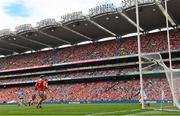 5 July 2025; Cian O'Sullivan of Dublin scores his side's first goal during the GAA Hurling All-Ireland Senior Championship semi-final match between Cork and Dublin at Croke Park in Dublin. Photo by Ramsey Cardy/Sportsfile