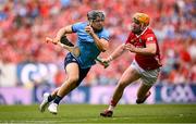 5 July 2025; Sean Currie of Dublin in action against Niall O'Leary of Cork during the GAA Hurling All-Ireland Senior Championship semi-final match between Cork and Dublin at Croke Park in Dublin. Photo by Ramsey Cardy/Sportsfile