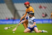5 July 2025; Orla Hickey of Waterford in action against Jennifer Daly of Clare during the Glen Dimplex Senior All-Ireland Camogie Championship quarter-final match between Clare and Waterford at Croke Park in Dublin. Photo by Ray McManus/Sportsfile