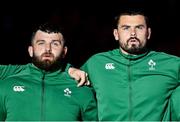 5 July 2025; Ireland players Michael Milne, left, and Max Deegan during the national anthems before the International Rugby Test match between Georgia and Ireland at at Mikheil Meskhi Stadium in Tbilisi, Georgia. Photo by Brendan Moran/Sportsfile