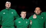 5 July 2025; Ireland players, from left, Tom Ahern, Ben Murphy and Jack Aungier during the national anthems before the International Rugby Test match between Georgia and Ireland at at Mikheil Meskhi Stadium in Tbilisi, Georgia. Photo by Brendan Moran/Sportsfile