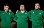 5 July 2025; Ireland players, from left, Tommy O’Brien, Jack Boyle and Sam Prendergast during the national anthems before the International Rugby Test match between Georgia and Ireland at at Mikheil Meskhi Stadium in Tbilisi, Georgia. Photo by Brendan Moran/Sportsfile