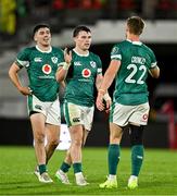5 July 2025; Ireland players, from left, Jimmy O’Brien, Calvin Nash and Jack Crowley after the International Rugby Test match between Georgia and Ireland at at Mikheil Meskhi Stadium in Tbilisi, Georgia. Photo by Brendan Moran/Sportsfile