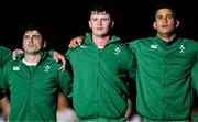 5 July 2025; Ireland players, from left, Jimmy O’Brien, Darragh Murray and Cormac Izuchukwu during the national anthems before the International Rugby Test match between Georgia and Ireland at at Mikheil Meskhi Stadium in Tbilisi, Georgia. Photo by Brendan Moran/Sportsfile