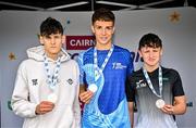 6 July 2025; Boys U16  Butterfly medallists, Scott Duda from Kilteevan, Roscommon, gold, centre, Miks O’Flaherty from Annagh-Drumlane, Cavan, silver, left, and Jamie O’Malley from Balla, Mayo, bronze, right, during day two of the Cairn Community Games National Swimming, Quiz, Chess, Draughts and Gymnastics Finals 2025 at The Watershed in Kilkenny. Photo by Sam Barnes/Sportsfile