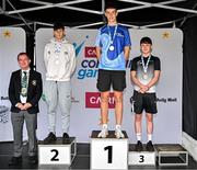 6 July 2025; President of Cairn Community Games Gerry McGuinness, far left, with Boys U16  Butterfly medallists, Scott Duda from Kilteevan, Roscommon, gold, centre, Miks O’Flaherty from Annagh-Drumlane, Cavan, silver, left, and Jamie O’Malley from Balla, Mayo, bronze, right, during day two of the Cairn Community Games National Swimming, Quiz, Chess, Draughts and Gymnastics Finals 2025 at The Watershed in Kilkenny. Photo by Sam Barnes/Sportsfile