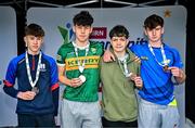 6 July 2025; Boys U16  50m Breaststroke medallists, Ryan Van Der Merwe from Milltown-Listry, Kerry, gold, second from left, Luke Heverin from Cortoon-Lavally, Galway, silver, far left, Michael Tiernan from Strokestown, Roscommon, bronze, second from right, and Sam Verso from Shankill, Dublin, bronze, far right, during day two of the Cairn Community Games National Swimming, Quiz, Chess, Draughts and Gymnastics Finals 2025 at The Watershed in Kilkenny. Photo by Sam Barnes/Sportsfile