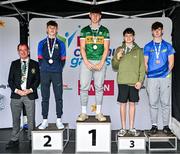 6 July 2025; President of Cairn Community Games Gerry McGuinness, far left, with Boys U16  50m Breaststroke medallists, Ryan Van Der Merwe from Milltown-Listry, Kerry, gold, centre, Luke Heverin from Cortoon-Lavally, Galway, silver, left, Michael Tiernan from Strokestown, Roscommon, bronze, second from right, and Sam Verso from Shankill, Dublin, bronze, far right, during day two of the Cairn Community Games National Swimming, Quiz, Chess, Draughts and Gymnastics Finals 2025 at The Watershed in Kilkenny. Photo by Sam Barnes/Sportsfile