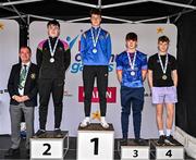 6 July 2025; President of Cairn Community Games Gerry McGuinness, far left, with Boys U16  50m Freestyle medallists, Fionn Carolan from Doora-Barefield, Clare, gold, centre, Éanna Finnegan from Ardee-Reaghstown,Louth, silver, second from left, Ryan Gerrity from St-Feichins, Sligo, bronze, second from right, and Euan Drago from St-Johns, Kilkenny, fourth, far right, during day two of the Cairn Community Games National Swimming, Quiz, Chess, Draughts and Gymnastics Finals 2025 at The Watershed in Kilkenny. Photo by Sam Barnes/Sportsfile