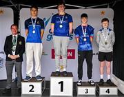 6 July 2025; President of Cairn Community Games Gerry McGuinness, far left, with Boys U16  50m Backstroke medallists, Killian Leonard from Abbeylara-Mulliaghta, Longford, gold, centre, Marcu Luctan from St-Patricks, Cavan, silver, second from left, James Meehan from St-Marys, Sligo, bronze, second from right, and Oscar Corbett from Upperchurch-Drombane, Tipperary, fourth, during day two of the Cairn Community Games National Swimming, Quiz, Chess, Draughts and Gymnastics Finals 2025 at The Watershed in Kilkenny. Photo by Sam Barnes/Sportsfile