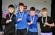 6 July 2025; Boys U16 50m Freestyle medallists, Fionn Carolan from Doora-Barefield, Clare, gold, second from left, Éanna Finnegan from Ardee-Reaghstown,Louth, silver, far left, Ryan Gerrity from St-Feichins, Sligo, bronze, second from right, and Euan Drago from St-Johns, Kilkenny, fourth, far right, during day two of the Cairn Community Games National Swimming, Quiz, Chess, Draughts and Gymnastics Finals 2025 at The Watershed in Kilkenny. Photo by Sam Barnes/Sportsfile