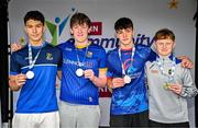 6 July 2025; Boys U16  50m Backstroke medallists, Killian Leonard from Abbeylara-Mulliaghta, Longford, gold, second from left, Marcu Luctan from St-Patricks, Cavan, silver, far left, James Meehan from St-Marys, Sligo, bronze, second from right, and Oscar Corbett from Upperchurch-Drombane, Tipperary, fourth, far right, during day two of the Cairn Community Games National Swimming, Quiz, Chess, Draughts and Gymnastics Finals 2025 at The Watershed in Kilkenny. Photo by Sam Barnes/Sportsfile