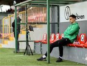 5 July 2025; Shamrock Rovers goalkeeper Leon Pohls sits in the dugout before the SSE Airtricity Men's Premier Division match between Sligo Rovers and Shamrock Rovers at The Showgrounds in Sligo. Photo by Thomas Flinkow/Sportsfile