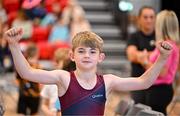 6 July 2025; Donnacha Galvin from Castledaly, Westmeath, celebrates after winning the Boys U9 Gymnastics during day two of the Cairn Community Games National Swimming, Quiz, Chess, Draughts and Gymnastics Finals 2025 at The Watershed in Kilkenny. Photo by Sam Barnes/Sportsfile