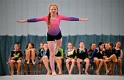 6 July 2025; Amelie Noonan from Rhode, Offaly, competes in the U13 Girls Gymnastics during day two of the Cairn Community Games National Swimming, Quiz, Chess, Draughts and Gymnastics Finals 2025 at The Watershed in Kilkenny. Photo by Sam Barnes/Sportsfile