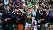 6 July 2025; Kerry captain Gearóid White leads his side in the parade before the Electric Ireland GAA Football All-Ireland Minor Championship final match between Kerry and Tyrone at Cedral St Conleth's Park in Newbridge, Kildare. Photo by Piaras Ó Mídheach/Sportsfile