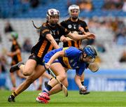 6 July 2025; Roisín Howard of Tipperary is tackled by Caoimhe Dowling of Kilkenny during the Glen Dimplex Senior All-Ireland Camogie Championship quarter-final match between Kilkenny and Tipperary at Croke Park in Dublin. Photo by Ray McManus/Sportsfile