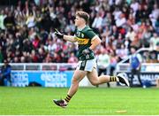 6 July 2025; Ben Kelliher of Kerry celebrates scoring his side's first goal during the Electric Ireland GAA Football All-Ireland Minor Championship final match between Kerry and Tyrone at Cedral St Conleth's Park in Newbridge, Kildare. Photo by Piaras Ó Mídheach/Sportsfile