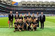 6 July 2025; Camogie Association president Brian Molloy, Cathaoirleach Comhairle Laighean Derek Kent, INTO President Anne Horan, and Gary Farrell, President of Cumann na mBunscol Gary Farrell, with the Kilkenny team, back row, left to right, Conor Biggs, St Canice's PS, Feeny, Derry, Shea O'Kane, St Columba's PS, Kilrea, Derry, Michael O'Callaghan, Carraroe NS, Carraroe, Sligo, Ethan Finnegan, Rathoe NS, Rathoe, Carlow, Darragh McDonald, Dernakesh NS, Cootehill, Cavan, front row, left to right, Emmet Hilliard, St Daigh's NS, Inniskeen, Monaghan, Arón Birkett, Mary Queen of Peace PS, Ballymena, Antrim, Lee Byrne, Holy Family SNS, Swords, Dublin, Frankie Rogers, Scoil Maelruain Senior, Tallaght, Dublin, Dylan Smith, St Mary's NS, Arva, Cavan, before the GAA INTO Cumann na mBunscol Respect Exhibition Go Games at the GAA Hurling All-Ireland Senior Championship semi-final match between Kilkenny and Tipperary at Croke Park in Dublin. Photo by Daire Brennan/Sportsfile