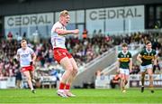 6 July 2025; Peter Colton of Tyrone celebrates after scoring his side's first goal, a penalty, during the Electric Ireland GAA Football All-Ireland Minor Championship final match between Kerry and Tyrone at Cedral St Conleth's Park in Newbridge, Kildare. Photo by Piaras Ó Mídheach/Sportsfile