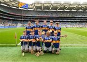 6 July 2025; The Tipperary team, back row, left to right, Seán Allen, St Joseph's PS, Dungannon, Tyrone, Daire McCawley, St Clare's NS, Manorhamilton, Leitrim, Rory McNulty, St Mary's NS, Drumbibe, Aughnasheelin, Leitrim, Matthew Quirke, Clonoulty CNS, Cashel, Tipperary, David McElligott, Scoil Naomh Sheosaimh, Nenagh, Tipperary, front row, left to right, Martin O'Farrell, Primate Dixon PS, Coalisland, Tyrone, Ryan Clogher, St Coman's Wood PS, Ardnanagh, Roscommon, Pádraic Melanophy, St Naile's PS, Kinawley, Fermanagh, Brendan Sampson, Bunscoil an Traonaigh, Lisnaskea, Fermanagh, Aaron O'Mahony, Glenville NS, Glenville, Cork, before the GAA INTO Cumann na mBunscol Respect Exhibition Go Games at the GAA Hurling All-Ireland Senior Championship semi-final match between Kilkenny and Tipperary at Croke Park in Dublin. Photo by Daire Brennan/Sportsfile
