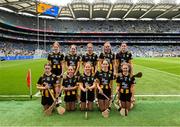 6 July 2025; The Kilkenny team, back row, left to right, Hannah Kate McKinney, St Mura's NS, Tooban, Donegal, Laura Fitzgerald, St Colman's NS, Clara, Kilkenny, Eilís Ní Ruagáin, Gaelscoil Phortlaoise, Portlaoise, Louth, Poppy Browne, Holy Family Senior School, Portlaoise, Laois, Kate Neary, St Aidan's NS, Kilmanagh, Kilkenny, front row, left to right, Leah McLoughlin, Melvin NS, Melview, Longford, Molly Mí Raghallaigh, Gaelscoil Uí Fhiaich, Maigh Nuad, Cill Dara, Emer Quinn, Scoil Bhríde, Clane, Kildare, Clodagh Behan, GS Bhrian Boróimhe, Sord, Áth Cliath, Máire Ní Chaoinleáin, GS Chluain Dolcáin, Cluain Dolcáin, Áth Cliath, before the GAA INTO Cumann na mBunscol Respect Exhibition Go Games at the GAA Hurling All-Ireland Senior Championship semi-final match between Kilkenny and Tipperary at Croke Park in Dublin. Photo by Daire Brennan/Sportsfile