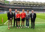 6 July 2025; Camogie Association president Brian Molloy, Cathaoirleach Comhairle Laighean Derek Kent, INTO President Anne Horan, and Gary Farrell, President of Cumann na mBunscol Gary Farrell, with the referees Liam McMahon, Stonehall NS, Newmarket, Clare, and Caoileann Cooney, Ballyea NS, Ballyea, Ennis, Clare, before the GAA INTO Cumann na mBunscol Respect Exhibition Go Games at the GAA Hurling All-Ireland Senior Championship semi-final match between Kilkenny and Tipperary at Croke Park in Dublin. Photo by Daire Brennan/Sportsfile