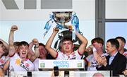 6 July 2025; Pádraig Donaghy of Tyrone lifts the cup after the Electric Ireland GAA Football All-Ireland Minor Championship final match between Kerry and Tyrone at Cedral St Conleth's Park in Newbridge, Kildare. Photo by Piaras Ó Mídheach/Sportsfile