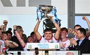6 July 2025; Pádraig Donaghy of Tyrone celebrates with the cup after the Electric Ireland GAA Football All-Ireland Minor Championship final match between Kerry and Tyrone at Cedral St Conleth's Park in Newbridge, Kildare. Photo by Piaras Ó Mídheach/Sportsfile