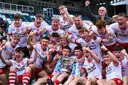 6 July 2025; The Tyrone team celebrate with the cup after the Electric Ireland GAA Football All-Ireland Minor Championship final match between Kerry and Tyrone at Cedral St Conleth's Park in Newbridge, Kildare. Photo by Piaras Ó Mídheach/Sportsfile
