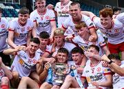 6 July 2025; The Tyrone team celebrate with the cup after the Electric Ireland GAA Football All-Ireland Minor Championship final match between Kerry and Tyrone at Cedral St Conleth's Park in Newbridge, Kildare. Photo by Piaras Ó Mídheach/Sportsfile