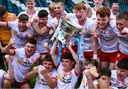 6 July 2025; The Tyrone team celebrate with the cup after the Electric Ireland GAA Football All-Ireland Minor Championship final match between Kerry and Tyrone at Cedral St Conleth's Park in Newbridge, Kildare. Photo by Piaras Ó Mídheach/Sportsfile