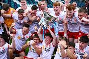 6 July 2025; The Tyrone team celebrate with the cup after the Electric Ireland GAA Football All-Ireland Minor Championship final match between Kerry and Tyrone at Cedral St Conleth's Park in Newbridge, Kildare. Photo by Piaras Ó Mídheach/Sportsfile