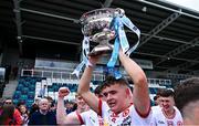 6 July 2025; Pádraig Donaghy of Tyrone celebrates with the cup after the Electric Ireland GAA Football All-Ireland Minor Championship final match between Kerry and Tyrone at Cedral St Conleth's Park in Newbridge, Kildare. Photo by Piaras Ó Mídheach/Sportsfile