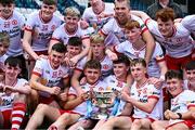 6 July 2025; The Tyrone team celebrate with the cup after the Electric Ireland GAA Football All-Ireland Minor Championship final match between Kerry and Tyrone at Cedral St Conleth's Park in Newbridge, Kildare. Photo by Piaras Ó Mídheach/Sportsfile