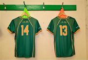 6 July 2025; the jerseys of Vikki Wall, left, and Emma Duggan of Meath before the TG4 All-Ireland Ladies Football Senior Championship quarter-final match between Meath and Tipperary at Páirc Tailteann in Navan, Meath. Photo by Stephen Marken/Sportsfile
