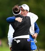 6 July 2025; Georgia Hall of England and Former Irsih golfer and caddie Paul Dunne during day four of the 2025 KPMG Women’s Irish Open Golf Championship at Carton House Golf Club in Maynooth, Kildare. Photo by Seb Daly/Sportsfile