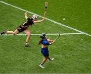 6 July 2025; Grace O'Brien of Tipperary in action against Caoimhe Dowling of Kilkenny during the Glen Dimplex Senior All-Ireland Camogie Championship quarter-final match between Kilkenny and Tipperary at Croke Park in Dublin. Photo by Daire Brennan/Sportsfile