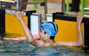6 July 2025; Kristian Sun Jakobsen from Douglas, Cork, after winning the Boys U12 50m Backstroke Final during day two of the Cairn Community Games National Swimming, Quiz, Chess, Draughts and Gymnastics Finals 2025 at The Watershed in Kilkenny. Photo by Sam Barnes/Sportsfile